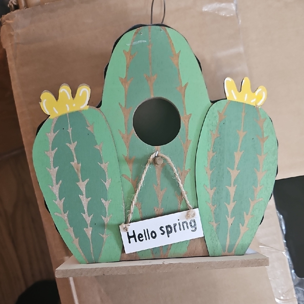 Hello Spring Green Cactus Birdhouse Home Accent